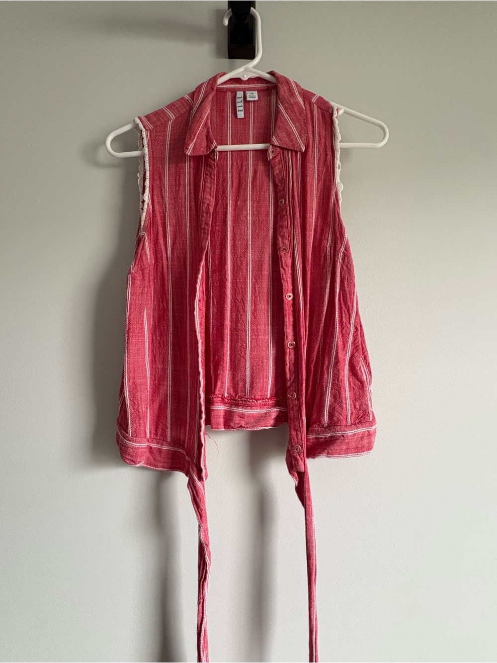 Elle Red Striped Tie-Front Sleeveless Button Top